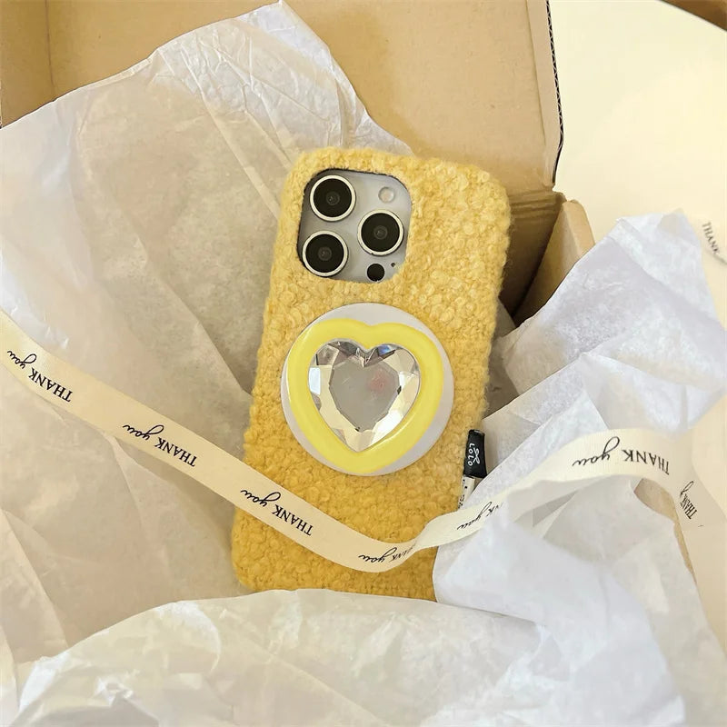 【Magsafe対応】立体ハートジュエルポップソケット × もこもこファー スマホケース｜iPhone対応 #241214