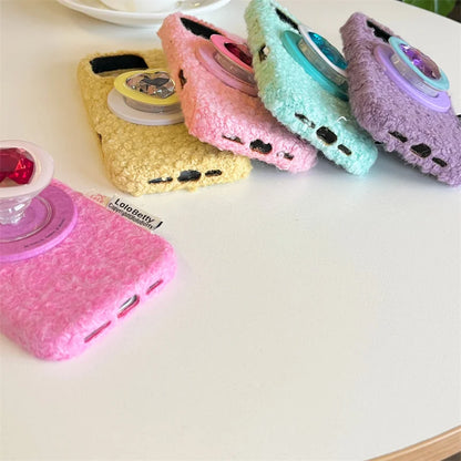 【Magnet内蔵】立体ハートジュエルポップソケット × もこもこファー スマホケース｜iPhone対応 #241214