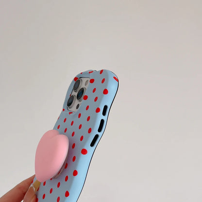 立体ハートグリップ ドット 水玉柄 ウェーブケース｜韓国風 iPhoneケース #260325