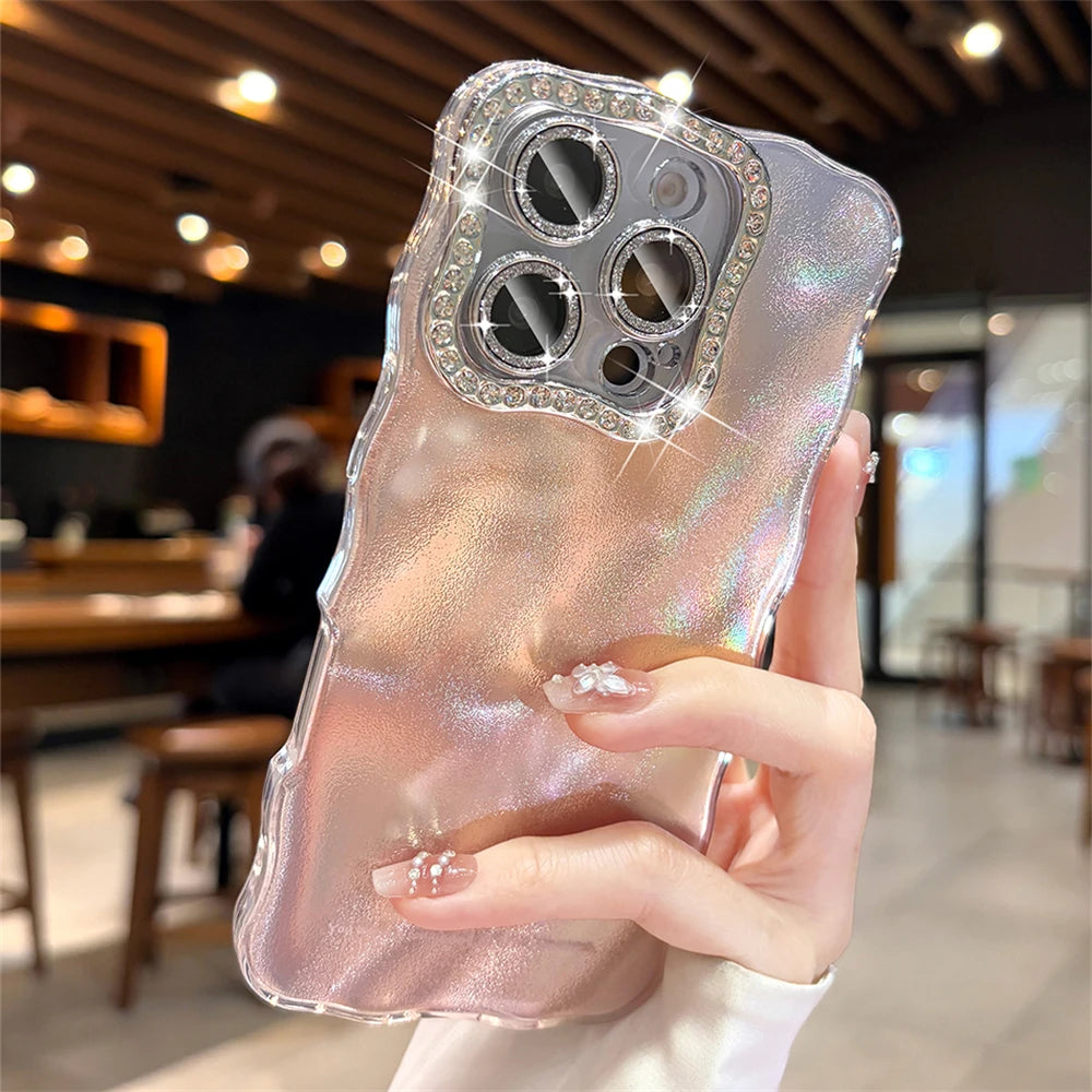オーロラウェーブ iPhoneケース｜ラメ ラインストーン・うねうね 水波紋デザイン #230713