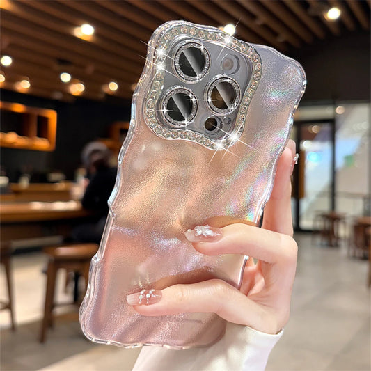 オーロラウェーブ iPhoneケース｜ラメ ラインストーン・うねうね 水波紋デザイン #230713
