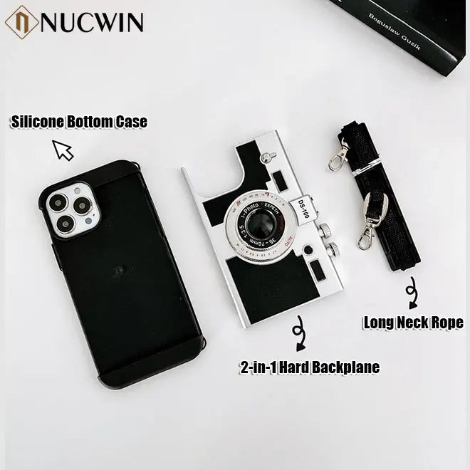 レトロカメラデザイン ショルダーストラップ付き iPhoneケース #260212