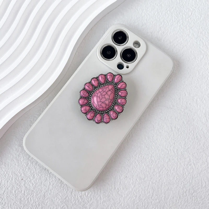 スマホグリップ｜ターコイズ風 ストーン スマホスタンド ポップソケット 落下防止 #260419