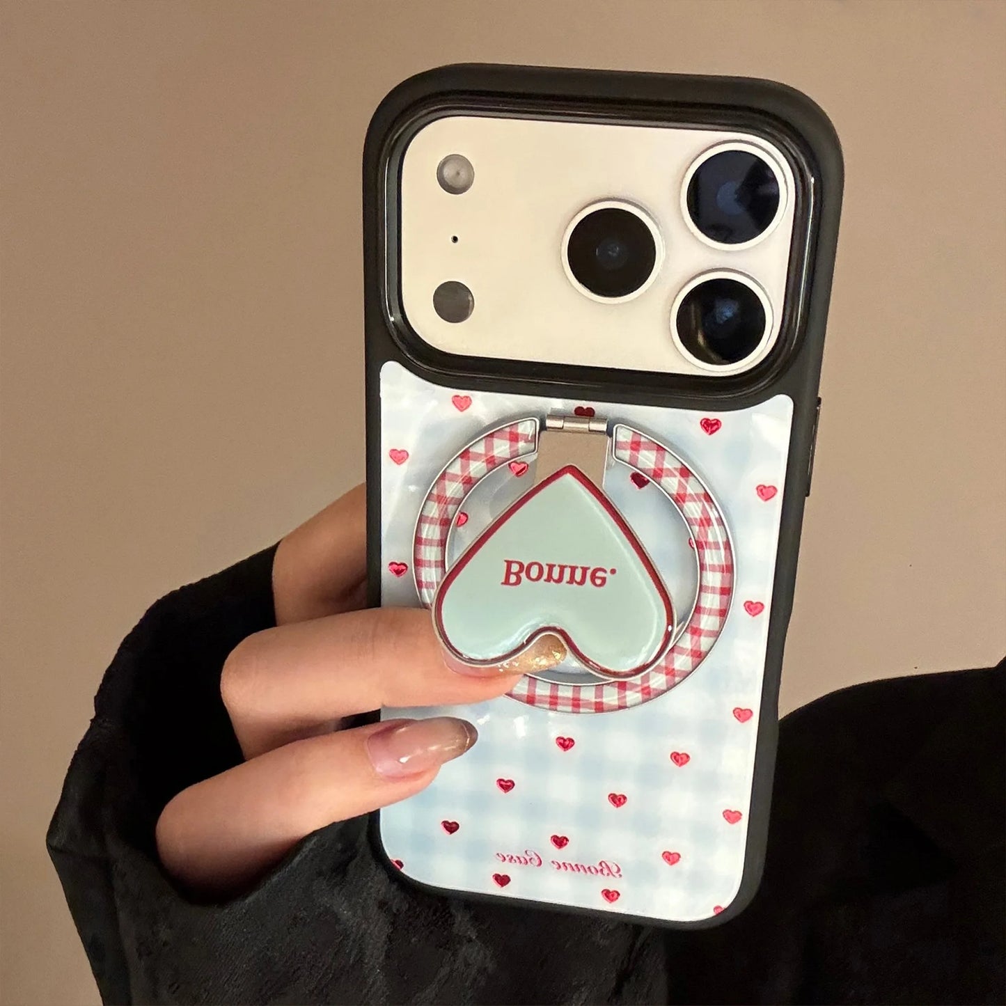 【マグネット式折りたたみハートスタンド付き】ブルーギンガムチェック柄 ハートリング付きスマホケース｜iPhone対応 #240703