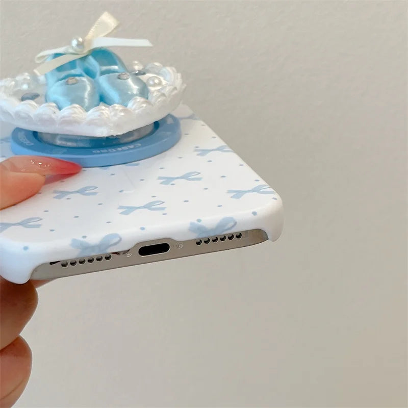 3Dバレエシューズ パールハートグリップ リボン柄 Magnet内蔵 iPhoneケース｜バレエ #260018