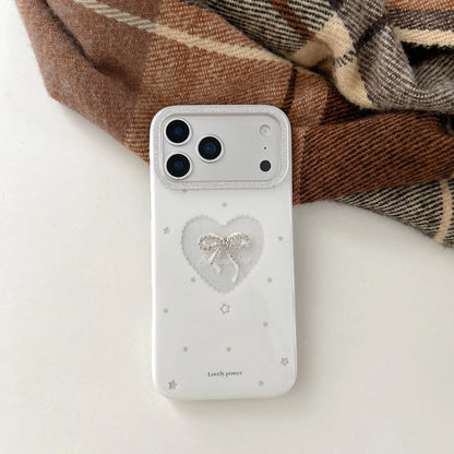 【ホワイトガーリー】パール リボン ビジュー ハート  スマホケース｜iPhone対応 #241002