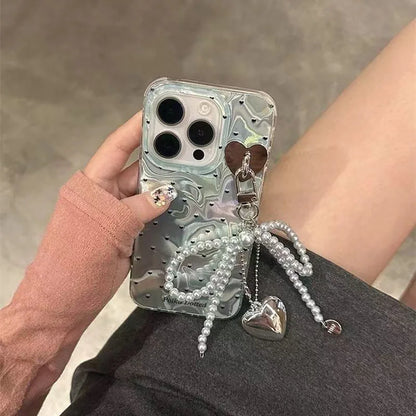 【プチハート】ハートドット×パールリボンチャーム スマホケース｜iPhone対応 #250610