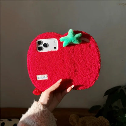 【もこもこ手帳型デザイン】フルーツ トマト ハンドルストラップ付き iPhoneケース #240611