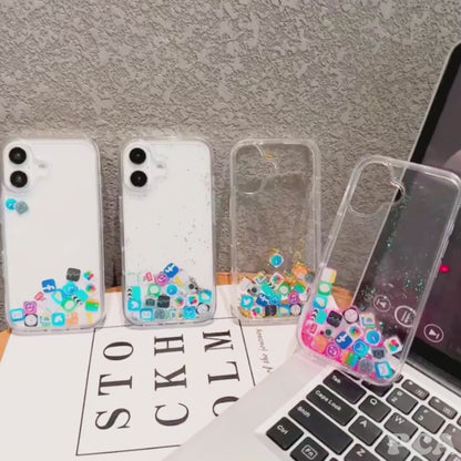 【流れるシリーズ】アプリアイコン クリア 透明キラキラ ラメ ソフト スマホケース カバー｜iPhone対応 #250402