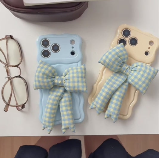 【ウェーブフレーム】ぷっくり 立体 ギンガムチェックリボン スマホケース｜iPhone対応 #241230