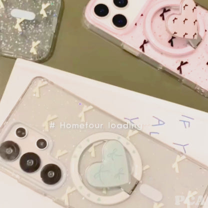 【Magnet内蔵】ハート型 リングスタンド付き グリッター×リボン柄 スマホケース｜iPhone対応 #250310