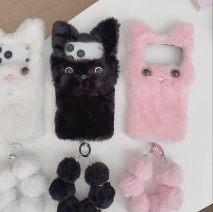 【キャットファーポンポン】ねこ耳 × ふわもこファー スマホケース｜iPhone対応 #250109