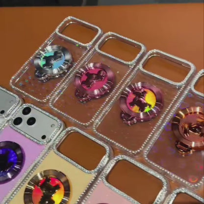 くるくる回る ユニコーン 馬 リングスタンド付き ホログラムラメ iPhoneケース #240511