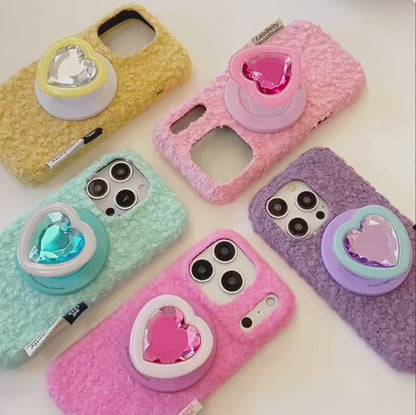 【Magnet内蔵】立体ハートジュエルポップソケット × もこもこファー スマホケース｜iPhone対応 #241214