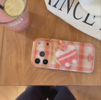 【Magnet内蔵】クリームケーキ オレンジ ギンガムチェック スマホケース｜ゆるかわポップソケット｜iPhone対応 #241203