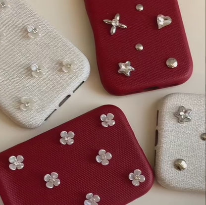 フラワー チェリーモチーフ iPhoneケース｜ビジュー装飾・布調デザイン #240530