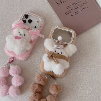 【ふわもこアニマルシリーズ】リボンベア スマホケース｜もこもこ素材 × ポンポンストラップ付き｜iPhone対応 #241205