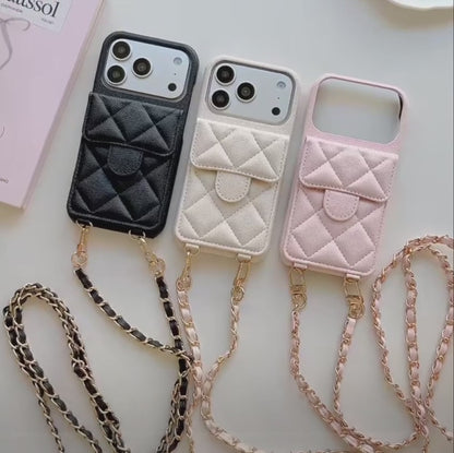 キルティング レザー風 iPhoneケース｜カード収納付き・チェーンストラップ #240523