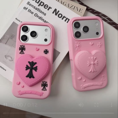 ハート×クロスモチーフ グリップスタンド付き iPhoneケース｜シリコン素材・立体デザイン #240525