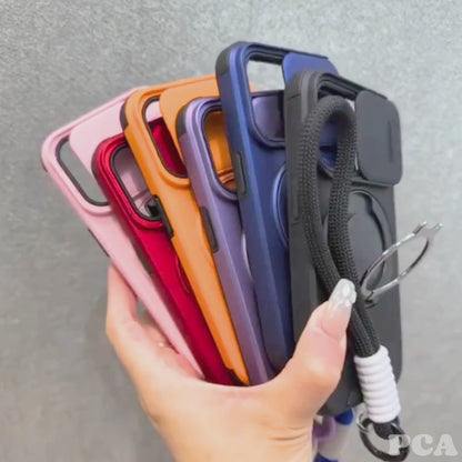 【耐衝撃シリーズ】カメラレンズカバー付き 折りたたみリングスタンド ストラップ付き スマホケース｜iPhone対応 #251226