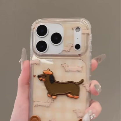 【ミニチュアダックス】刺繍ワッペン × クリアギンガムチェック レザー風 ストラップ付き スマホケース｜iPhone対応  #241221