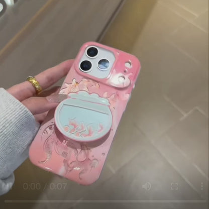 開運 鯉模様 金魚鉢 グリップ付き iPhoneケース｜クリアデザイン #240516