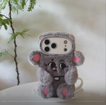 【アニマルフェイスシリーズ】グレーマウス スマホケース｜ふわもこ立体デザイン × キュートな耳付き｜iPhone対応 #241130