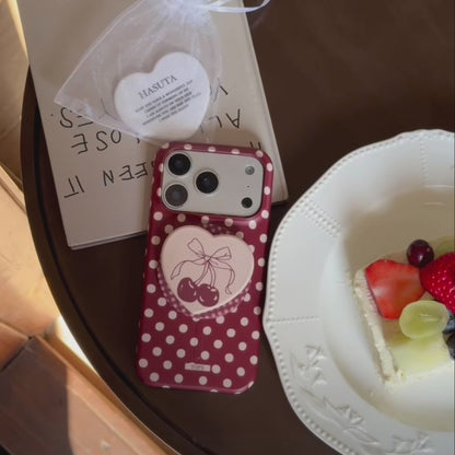 チェリーハート グリップ付き ドット 水玉 デザイン iPhoneケース #240513