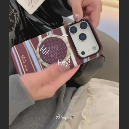 【Magnet内蔵】ボルドー マルチカラーストライプ ×ドット スター スタンド スマホケース｜iPhone対応 #241224