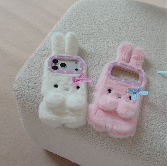 【ふわもこファーバニー】チェックリボン×ラビットファー スマホケース｜iPhone対応 #241223