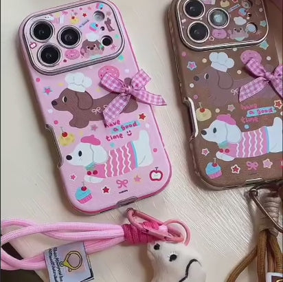 【スウィートダックス】チェックリボン×ドッグデザイン  ストラップ付き スマホケース｜iPhone対応 #241228