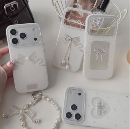 【ホワイトガーリー】パール リボン ビジュー ハート  スマホケース｜iPhone対応 #241002