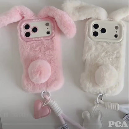【ふわもこファーシリーズ】うさ耳 ポンポン ストラップ付き スマホケース｜iPhone対応 #250320