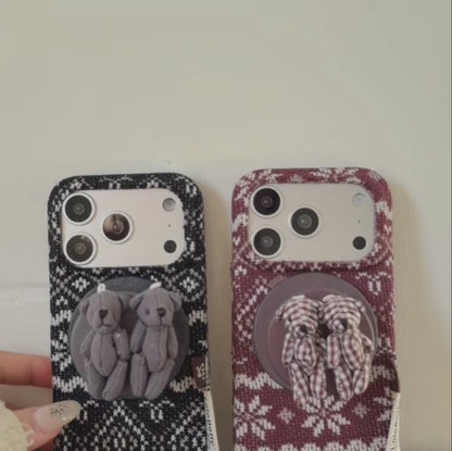 クラシックニット ベアグリップ iPhoneケース｜秋冬ツイード風デザイン #240416