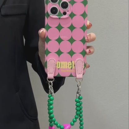 ドット ダイヤ柄 ピンク グリーン iPhoneケース｜ショルダーストラップ付き #240518