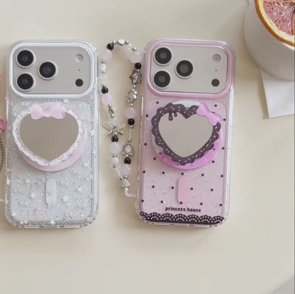 ハートミラー グリッターiPhoneケース｜キラキラフレーム・ミラーグリップ付きデザイン #240426