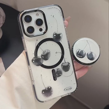 【Magnet対応】ブラックチェリー × 透明フレームケース｜iPhone対応 #240827