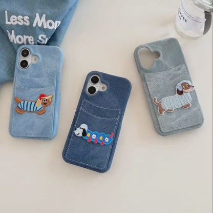 【デニムドッグシリーズ】刺繍ポケット スマホケース｜デニム生地×立体わんこデザイン｜iPhone対応 #241208