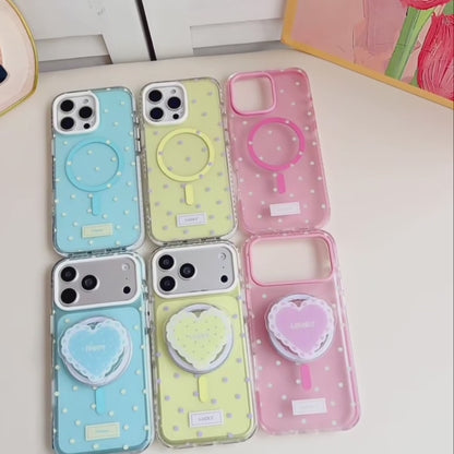 ハートグリップ ビーズストラップ付き ドット柄 韓国風 iPhoneケース #240509