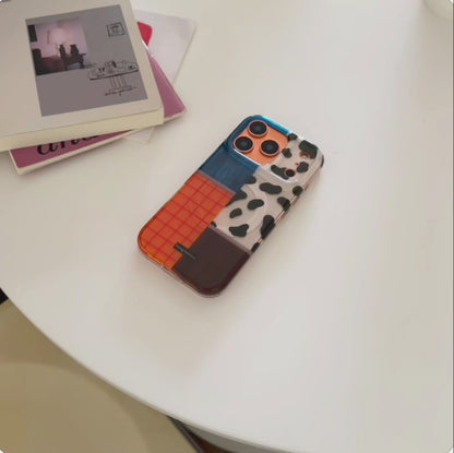 【カウパッチワーク】デニム×チェック×アニマル柄 スマホケース｜iPhone対応 #250123