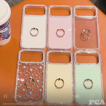 【グリッターシリーズ】輝くホログラムスター キラキラストーン付き リング付きスマホケース｜iPhone対応 #251010