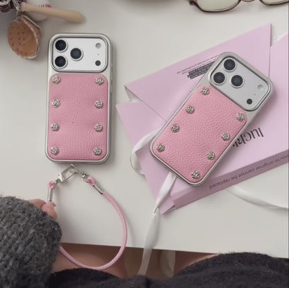 【ローズスタッズ】シルバーフレーム ピンク レザー風 ストラップ付き ケース｜iPhone対応 #240924