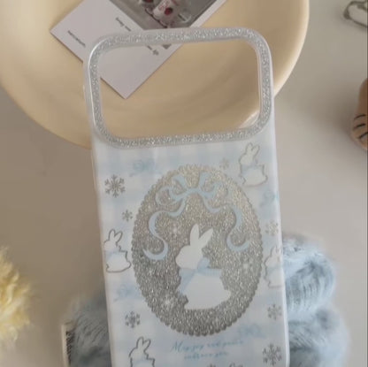 ラビットレース グリッターiPhoneケース｜うさぎモチーフ・キラキラフレーム・ファーチャーム付き #240501