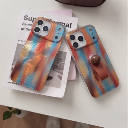 【アートマーブルグリップ】オレンジ×ブルー メタリックマーブル スマホケース｜iPhone対応 #250213