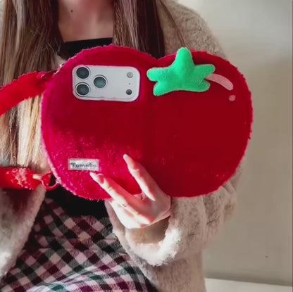 【もこもこ手帳型デザイン】フルーツ トマト ハンドルストラップ付き iPhoneケース #240611