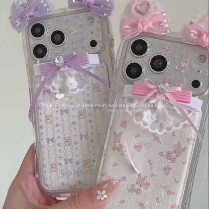 ネコ耳 ガーリー ベア ラビット レース iPhoneケース｜立体リボン＆透明ハードカバー #240425