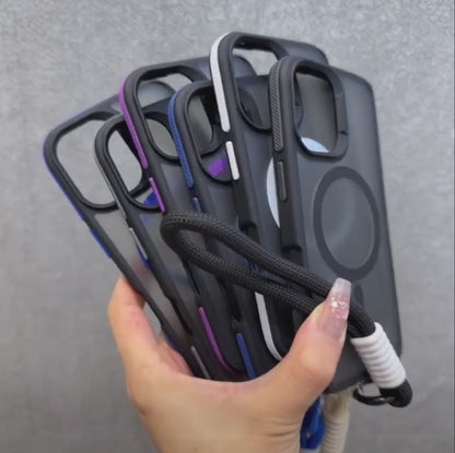 ネオンアクセント iPhoneケース｜ストラップ付き・マットブラック・スポーティデザイン #240411