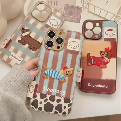 【チェックダックス】刺繍わんこ × レトロチェック エンボス スマホケース｜iPhone対応 #250210